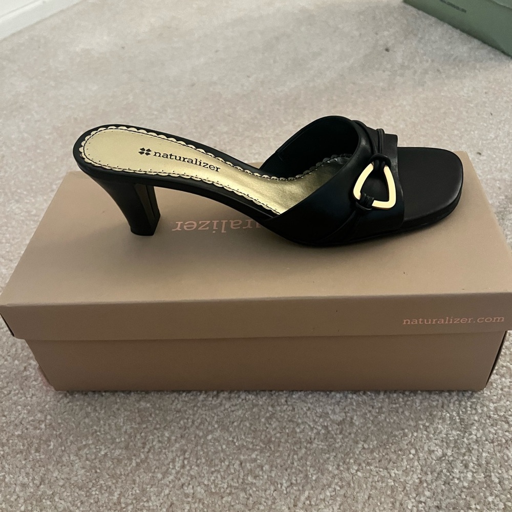 Naturalizer Black Heeled Mules with Gold Accent